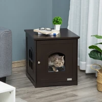 PawHut Casa para Gatos de Madeira Móvel para Caixa de Areia para Gatos 2 em 1 com Armário de Armazenamento Bancada Ampla Porta e 3 Janelas Cruzadas 48,7x53,3x53 cm Marrom(m-8)