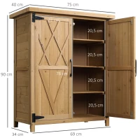 Outsunny Armário de Madeira de Jardim 75x40x90cm 0,24m² para Armazenamento de Ferramentas com 2 Portas 4 Prateleiras e Teto Galvanizado para Exterior Terraço Natural(m-3)