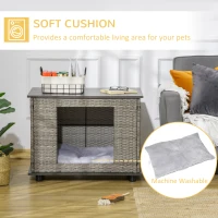 PawHut Wicker Dog House, Rattan Pet Bed, Cat House, End Table Furniture, with Soft Cushion, Adjustable Feet, for Small and Medium Dogs Grey, 80 x 54 x 61.5 cm(m-6)