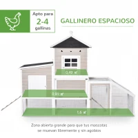 PawHut Gallinero de Madera para Exterior Jaula Grande para Gallinas Pollos con Caseta de 2 Niveles Zona Abierta Nido Bandeja Extraíble y Techo Asfáltico 235x83x171 cm Gris(m-4)