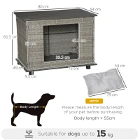PawHut Wicker Dog House, Rattan Pet Bed, Cat House, End Table Furniture, with Soft Cushion, Adjustable Feet, for Small and Medium Dogs Grey, 80 x 54 x 61.5 cm(m-3)