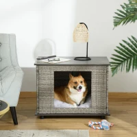 PawHut Wicker Dog House, Rattan Pet Bed, Cat House, End Table Furniture, with Soft Cushion, Adjustable Feet, for Small and Medium Dogs Grey, 80 x 54 x 61.5 cm(m-9)