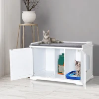 PawHut Katzenschrank Katzentoilette Katzenklo Katzenhaus Katzenbett mit magnetischen Türen verstellbaren Trennwände MDF Kurzplüsch Weiß+Grau 95,3 x 54 x 63 cm(m-2)