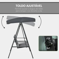 Outsunny  Baloiço de Jardim de 2 Lugares com Teto Ajustável Encosto Respirável e Estrutura de Aço para Balção Terraço Exterior Carga Máx. 220kg 150x11x170cm Cinza(m-5)