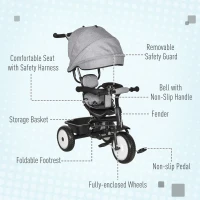 HOMCOM Qaba/HOMCOM Baby Tricycle 2 In 1 Stroller/ Kid Trike with Parent Push Handle Adjustable Canopy Detachable Guardrail Safety Belt Foldable Footrest Storage Basket for Age 6-60 Months Grey(m-7)