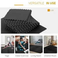 HOMCOM Tapis en Mousse de Protection Sol Tapis de Fitness 62 cm x 62 cm x 1 cm avec Bordures Tapis Puzzle 25 pièces 9,3 m² de Surface Noir(m-4)