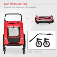 PawHut 2-In-1 Dog Bike Trailer Pet Stroller with Universal Wheel Reflector Flag Red(m-10)