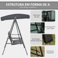 Outsunny  Baloiço de Jardim de 2 Lugares com Teto Ajustável Encosto Respirável e Estrutura de Aço para Balção Terraço Exterior Carga Máx. 220kg 150x11x170cm Cinza(m-7)