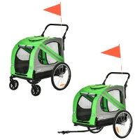 PawHut 2-In-1 Dog Bike Trailer Pet Stroller Pushchair with Universal Wheel Reflector Flag Green(m-12)