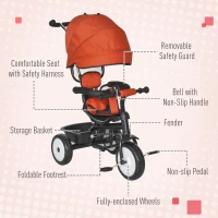 HOMCOM Qaba/HOMCOM Baby Tricycle 2 In 1 Stroller/ Kid Trike with Parent Push Handle Adjustable Canopy Detachable Guardrail Safety Belt Foldable Footrest Storage Basket for Age 6-60 Months Red(m-7)