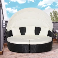 Outsunny 5 Piece Cushioned Outdoor Plastic Rattan Wicker Round Sofa Bed Coffee Table Sectional Patio Conversation Furniture Set - Black(m-2)