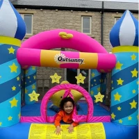 Outsunny Kids Bouncy Castle, Inflatable Trampoline with Blower for Age 3-8 Castle Stars Design 1.95 x 1.95 x 2.15m(m-2)