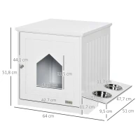 PawHut Maison de toilette pour chat design niche cabane pour chat meuble cache litière chat 1 porte avec 2 gamelles - 64 x 51 x 51,8 cm MDF blanc(m-3)
