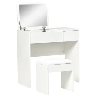 HOMCOM Makeup Desk with Drawer, Vanity Table Set with Flip-up Mirror and Cushioned Stool, White(m-2)