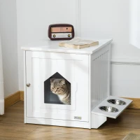 PawHut Maison de toilette pour chat design niche cabane pour chat meuble cache litière chat 1 porte avec 2 gamelles - 64 x 51 x 51,8 cm MDF blanc(m-2)