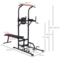 HOMCOM Estação de Musculação Multifuncional Torre de Treinamento com Altura Ajustável com Banco Dobrável Barra de Elevação para Fitness 220x98x181-229cm Preto(m-3)