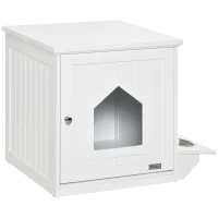 PawHut Maison de toilette pour chat design niche cabane pour chat meuble cache litière chat 1 porte avec 2 gamelles - 64 x 51 x 51,8 cm MDF blanc(m-1)
