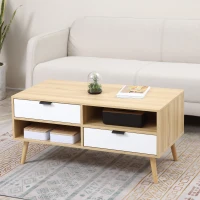 HOMCOM Table basse table de salon style scandinave avec 2 tiroirs et niches ouvertes pieds effilés en bois massif de pin 100 x 50 x 47 cm(m-10)