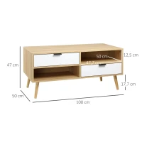HOMCOM Table basse table de salon style scandinave avec 2 tiroirs et niches ouvertes pieds effilés en bois massif de pin 100 x 50 x 47 cm(m-3)