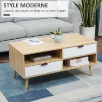 HOMCOM Table basse table de salon style scandinave avec 2 tiroirs et niches ouvertes pieds effilés en bois massif de pin 100 x 50 x 47 cm(m-4)