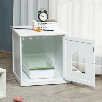 PawHut Maison de toilette pour chat design niche cabane pour chat meuble cache litière chat 1 porte avec 2 gamelles - 64 x 51 x 51,8 cm MDF blanc(m-10)