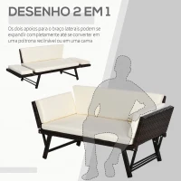 Outsunny Sofá de 2 Lugares Vime Sintético Convertível em Cama Sofá de Jardim Exterior com Almofada Mobiliário Pátio Terraço 129x63x67 cm Marrom e Bege(m-6)