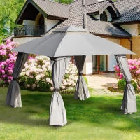 Outsunny 10' x 10' Steel Gazebo Canopy Party Tent Shelter with Double Roof & Curtains & Netting Sidewalls, Light Grey(m-10)