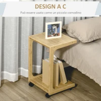 HOMCOM Tavolino da Divano con 4 Ruote e Design a C, Struttura Salvaspazio in Bambù per Salotto, 39x35.5x59cm, Colore Naturale(m-5)