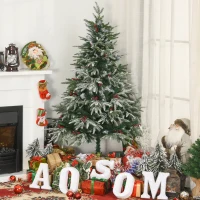 HOMCM 5ft/1.5m Artificial Snow-Flocked Pine Tree Holiday Home Christmas Decoration with Red Berries, Automatic Open(m-10)