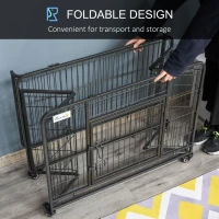PawHut Heavy Duty Metal Dog Crates Foldable Puppy Kennel Pet Cage Playpen with Double Door Removable Tray Wheels with Brake Dark Grey(m-7)
