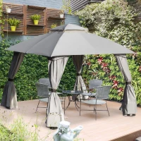 Outsunny 10' x 10' Steel Gazebo Canopy Party Tent Shelter with Double Roof & Curtains & Netting Sidewalls, Light Grey(m-2)