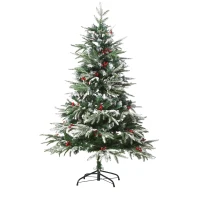 HOMCM 5ft/1.5m Artificial Snow-Flocked Pine Tree Holiday Home Christmas Decoration with Red Berries, Automatic Open(m-1)