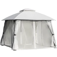 Outsunny 10' x 10' Steel Gazebo Canopy Party Tent Shelter with Double Roof & Curtains & Netting Sidewalls, Light Grey(m-11)