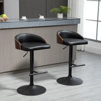 HOMCOM Set of 2 Bar Stools Swivel Bar Chairs with Footrest Height Adjustable Kitchen Chairs Swivel Chairs Faux Leather Wood Black+Coffee 48 x 49.5 x 76-96 cm(m-2)