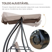 Outsunny Baloiço Jardim 3 Lugares Convertível em Cama com Toldo Reclinável Almofada para Jardim Terraço Pátio Ar livre Carga Máxima 340kg 200x125x170cm Bege(m-4)