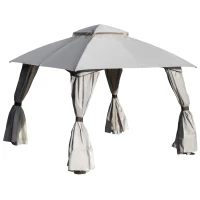 Outsunny 10' x 10' Steel Gazebo Canopy Party Tent Shelter with Double Roof & Curtains & Netting Sidewalls, Light Grey(m-1)