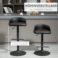 HOMCOM Set of 2 Bar Stools Swivel Bar Chairs with Footrest Height Adjustable Kitchen Chairs Swivel Chairs Faux Leather Wood Black+Coffee 48 x 49.5 x 76-96 cm(m-4)