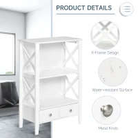 kleankin X- Frame Freestanding Floor Bathroom Storage Rack with Two Drawers, Storage Organizer, Cabinet with 3 Shelves, White(m-4)