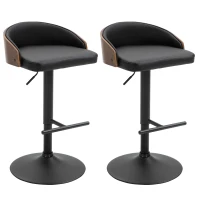 HOMCOM Set of 2 Bar Stools Swivel Bar Chairs with Footrest Height Adjustable Kitchen Chairs Swivel Chairs Faux Leather Wood Black+Coffee 48 x 49.5 x 76-96 cm(m-1)