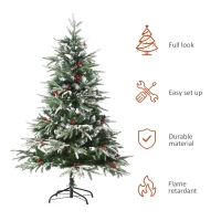 HOMCM 5ft/1.5m Artificial Snow-Flocked Pine Tree Holiday Home Christmas Decoration with Red Berries, Automatic Open(m-4)