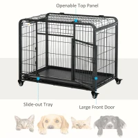 PawHut Heavy Duty Metal Dog Crates Foldable Puppy Kennel Pet Cage Playpen with Double Door Removable Tray Wheels with Brake Dark Grey(m-6)