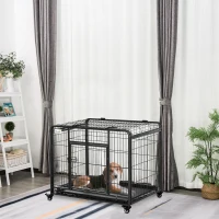 PawHut Heavy Duty Metal Dog Crates Foldable Puppy Kennel Pet Cage Playpen with Double Door Removable Tray Wheels with Brake Dark Grey(m-2)