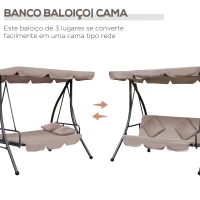 Outsunny Baloiço Jardim 3 Lugares Convertível em Cama com Toldo Reclinável Almofada para Jardim Terraço Pátio Ar livre Carga Máxima 340kg 200x125x170cm Bege(m-6)