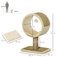 PawHut Árvore Arranhador para Gatos com Túnel Superior Poste Arranhador de Juta Natural Almofada Removível e Brinquedo Suspenso 40x30x56cm Bege(m-3)