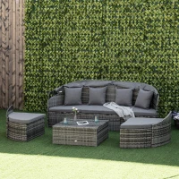 Outsunny Rattan Sun Island 4-Piece Daybed with Canopy Seating Group 4 Cushions Metal Grey 230 x 145 x 80 cm(m-9)