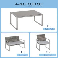 Outsunny 4PC Rattan Garden Furniture Set 2 Single Sofa Arm Chairs 1 Bench with Cushions & Coffee Table Patio Backyard Wicker Weave(m-4)