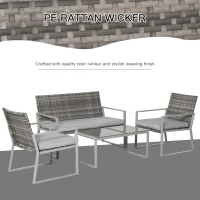 Outsunny 4PC Rattan Garden Furniture Set 2 Single Sofa Arm Chairs 1 Bench with Cushions & Coffee Table Patio Backyard Wicker Weave(m-5)