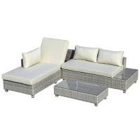 Outsunny 3 Pieces Outdoor PE Rattan Sofa Set, Patio Wicker Sectional Conversation Aluminium Frame Furniture Set, 4-Level Adjust Backrest Chaise Lounge w/ Padded Cushion, Tea Table, Mixed Grey(m-1)