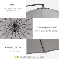 Outsunny 3(m) Cantilever Umbrella 18 Ribs & Vents Adjustable Angle for Patio Light Grey(m-6)