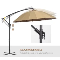 Outsunny 3(m) Cantilever Umbrella 18 Ribs & Vents Adjustable Angle for Patio Khaki(m-5)